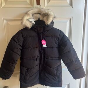The Children's Place Black Puffer Jacket with Faux Fur Hood